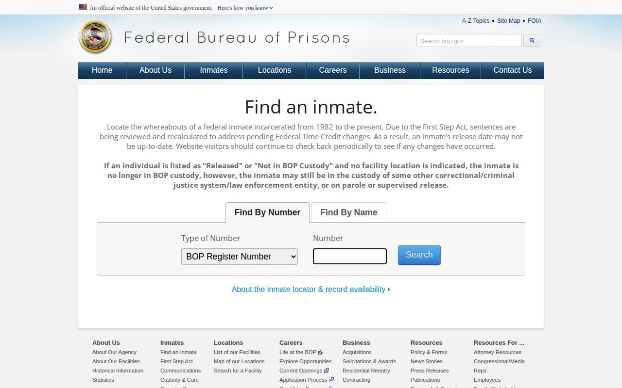 Federal Bureau of Prisons Inmate Locator with released-result search