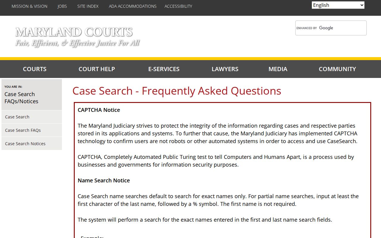 Maryland Judiciary Case Search coverage and display limits