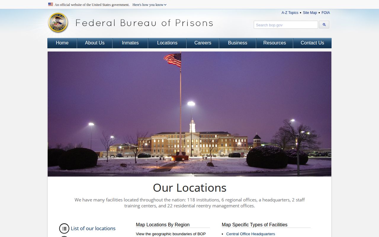 Official federal facility directory used to distinguish federal from Maryland state custody